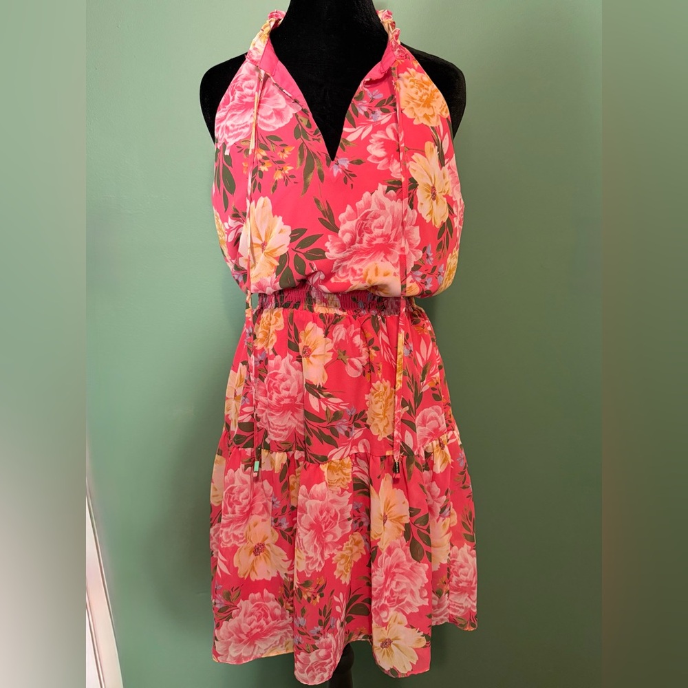 Vince Camuto Pink Floral Smocked Waist Halter Dress 6 Spring Resort Romantic